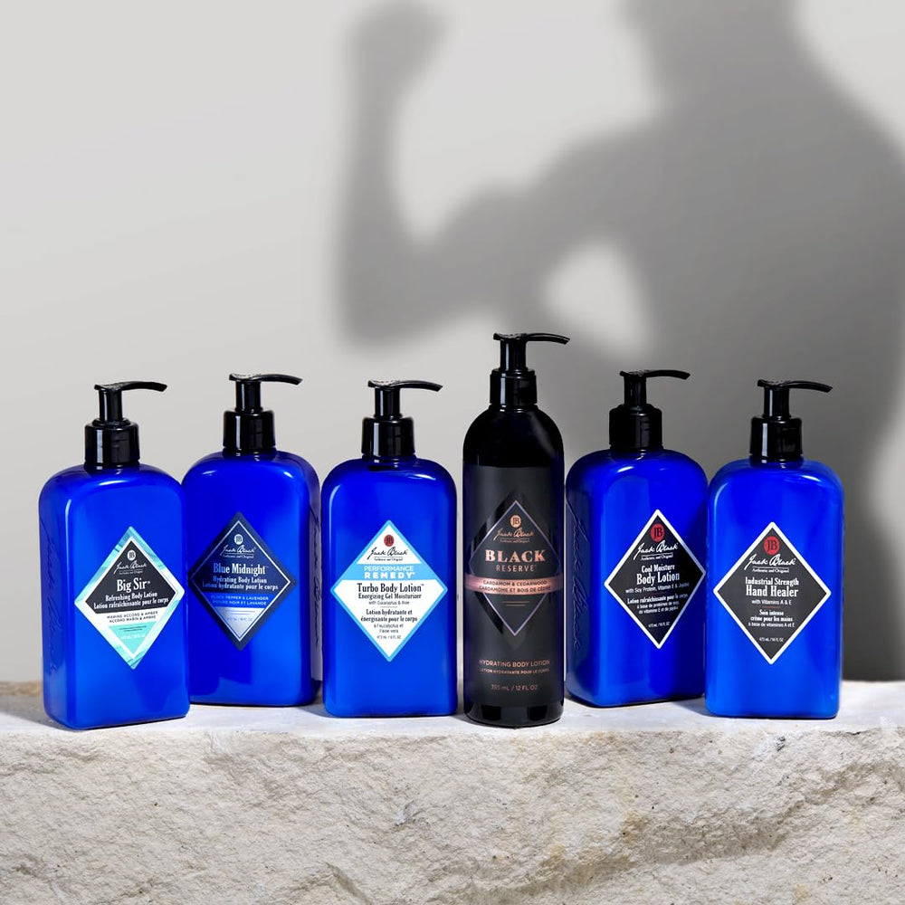Jack Black bottle on bathroom counter next to towel, daily routine convenience benefit