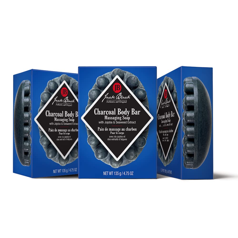 Jack Black charcoal body bar three-pack front packaging showing product and branding for easy identification and storage