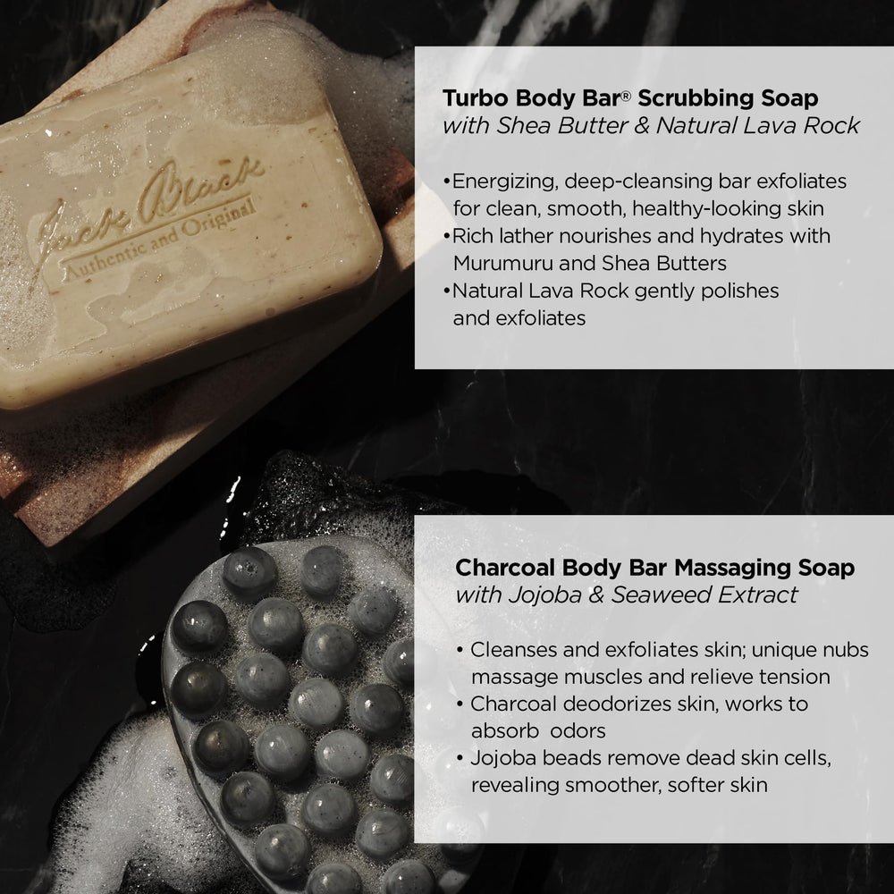 Jack Black charcoal body bar in use on wet skin in shower demonstrating cleansing action and invigorating massage benefit