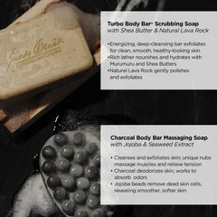 Jack Black charcoal body bar in use on wet skin in shower demonstrating cleansing action and invigorating massage benefit