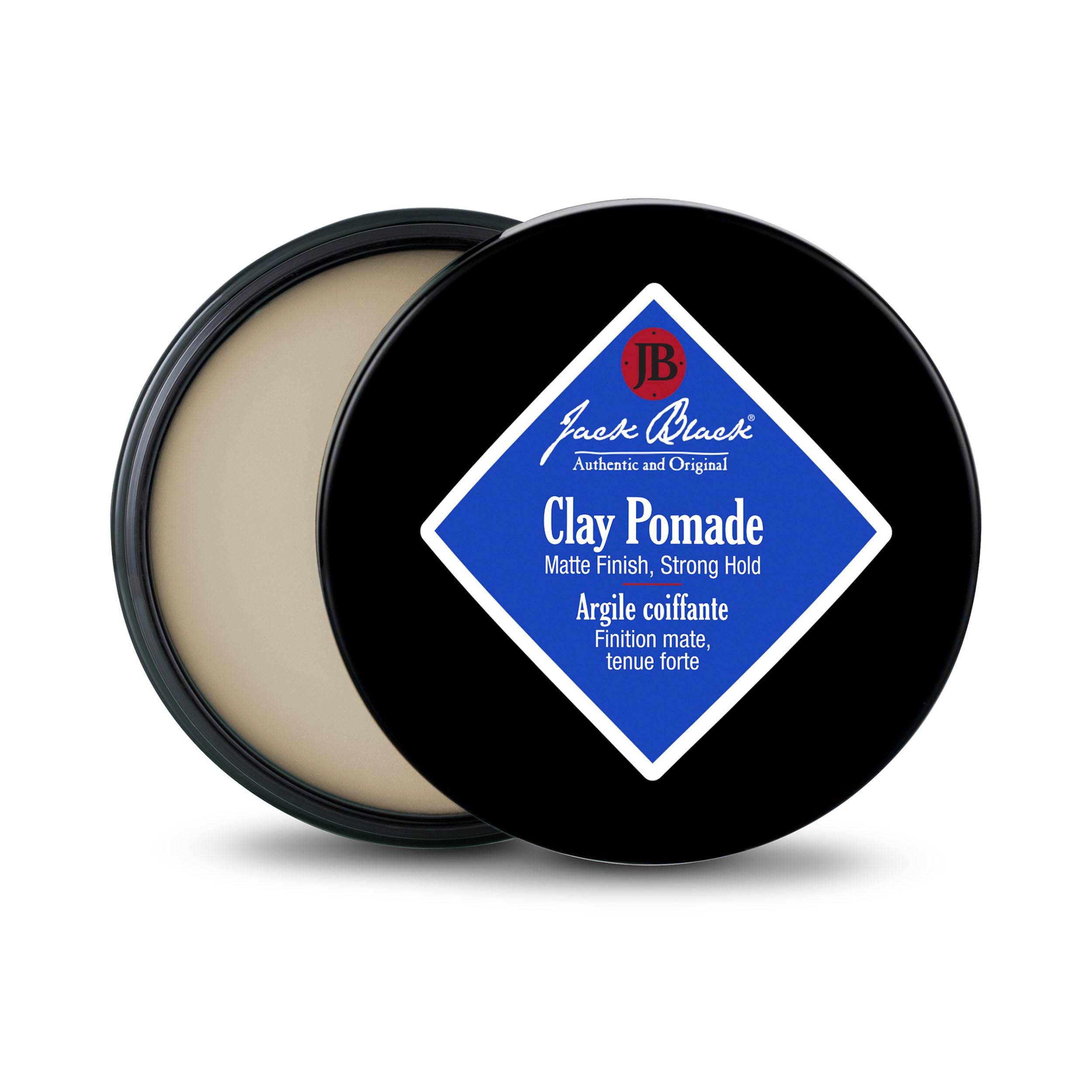 Jack Black clay pomade front jar showing label and matte finish benefit