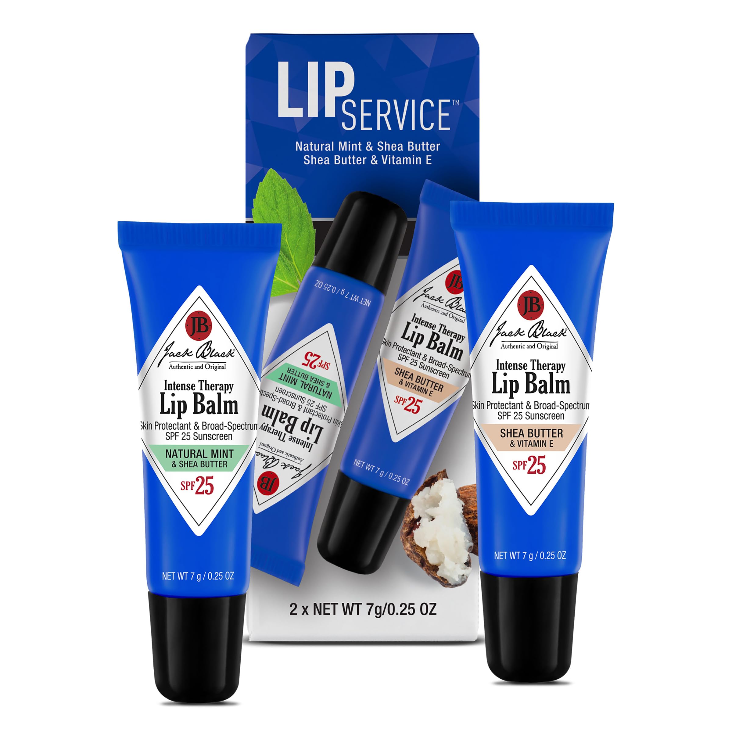Jack Black dual-pack front view showing two SPF 25 lip balms and convenience