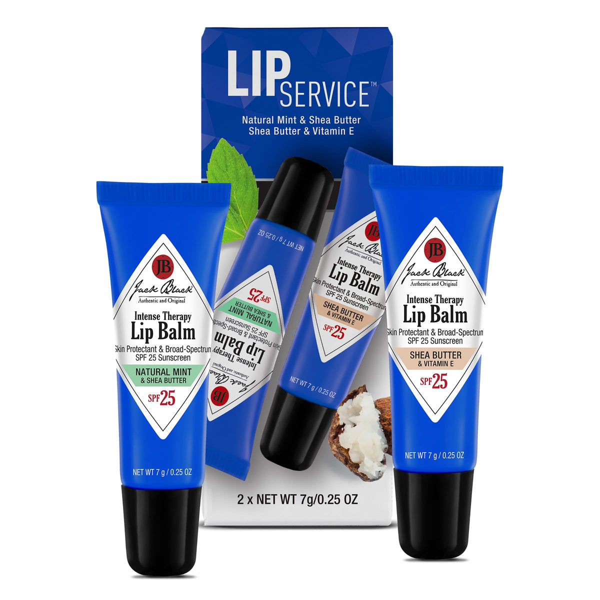 Jack Black dual-pack front view showing two SPF 25 lip balms and convenience