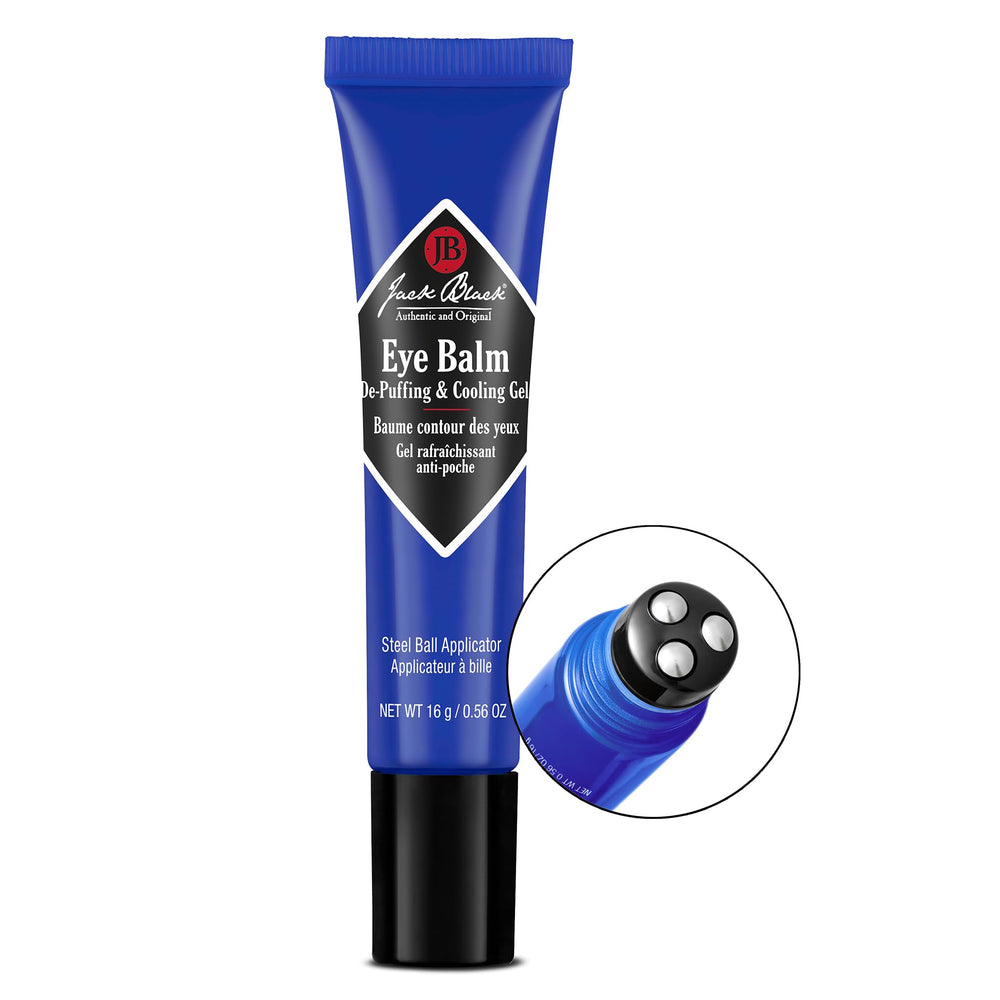 Jack Black model applying gel around eyes demonstrating de‑puffing and quick absorption benefit