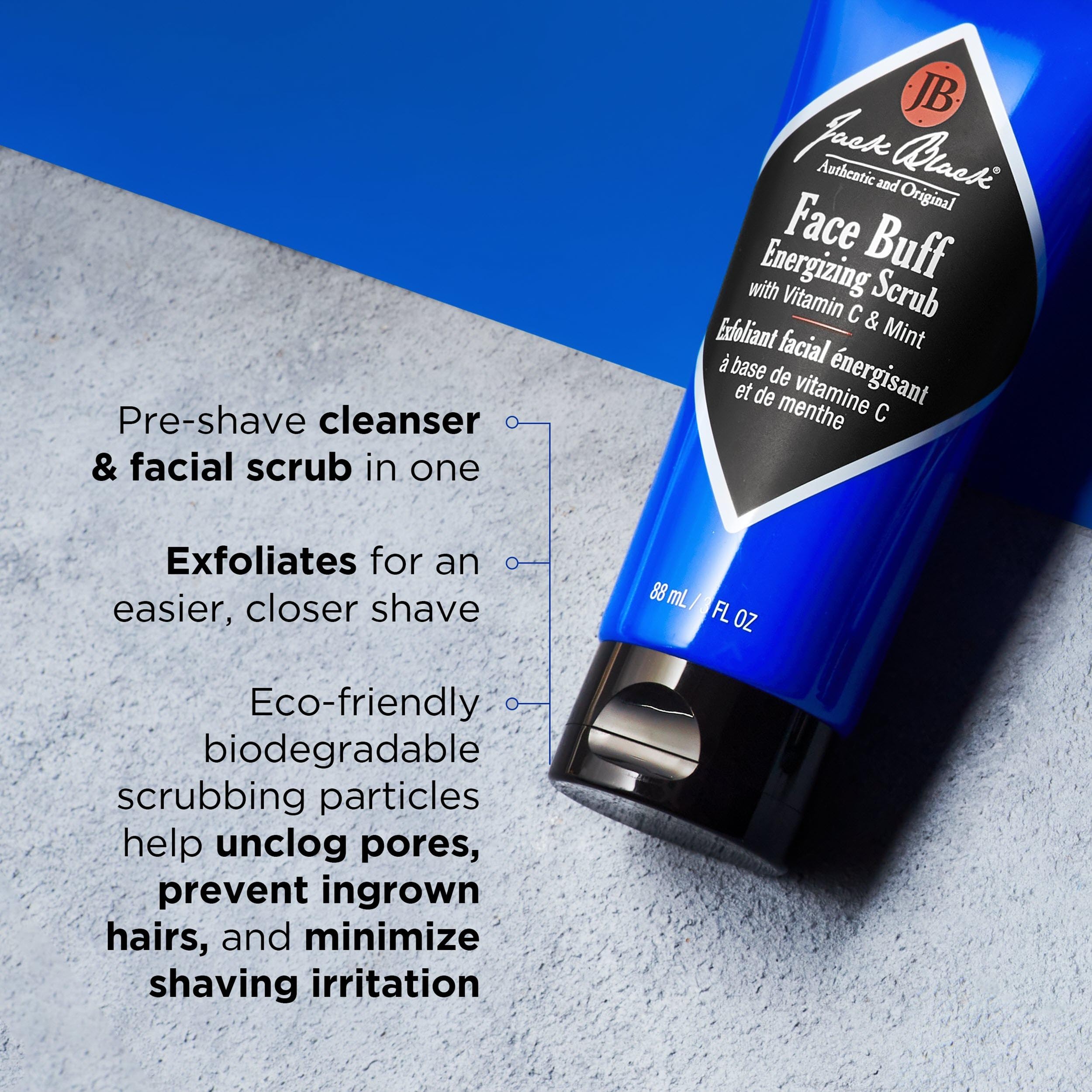Jack Black Face Buff being applied in shower to wet face demonstrating prep for closer shave benefit