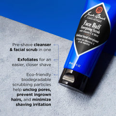 Jack Black Face Buff being applied in shower to wet face demonstrating prep for closer shave benefit
