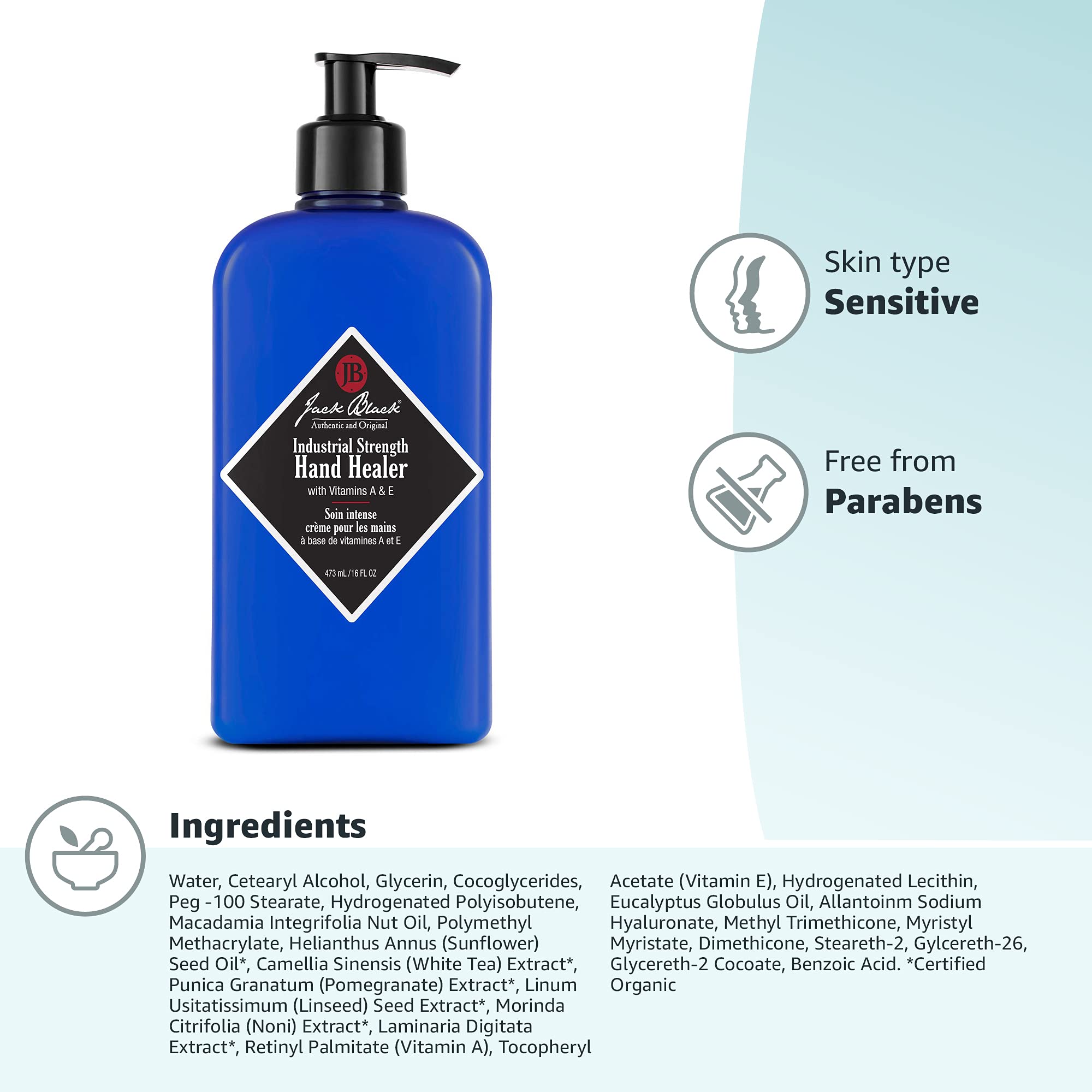 Jack Black hand healer beside common objects showing 16 fl oz size and value