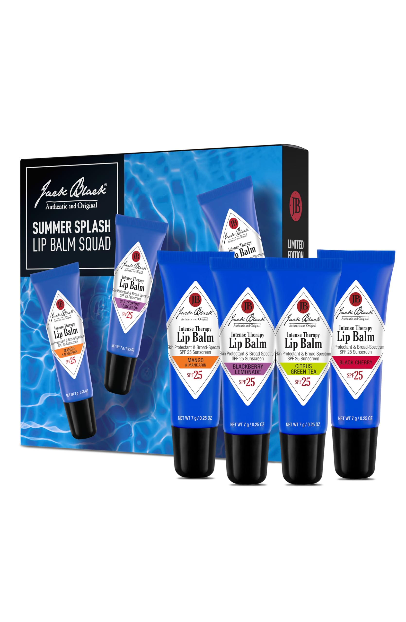 Jack Black front packaging showing four summer lip balm flavors and SPF benefit