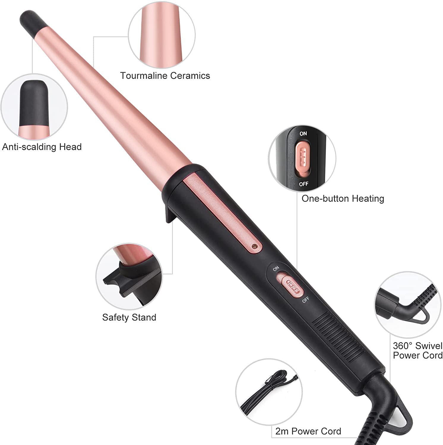 JAETON close-up of conical ceramic tourmaline barrel for smooth, frizz-reducing curls