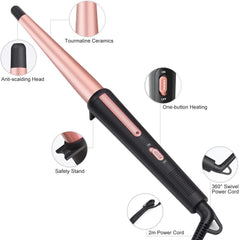 JAETON close-up of conical ceramic tourmaline barrel for smooth, frizz-reducing curls