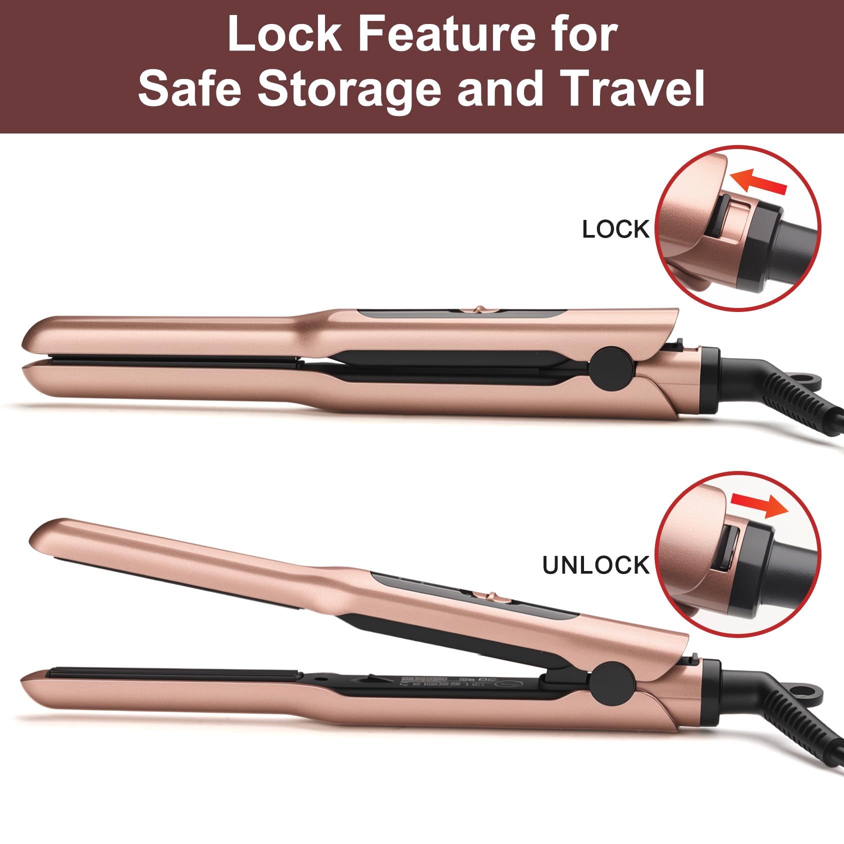 JAETON travel-sized flat iron next to passport showing easy packing benefit