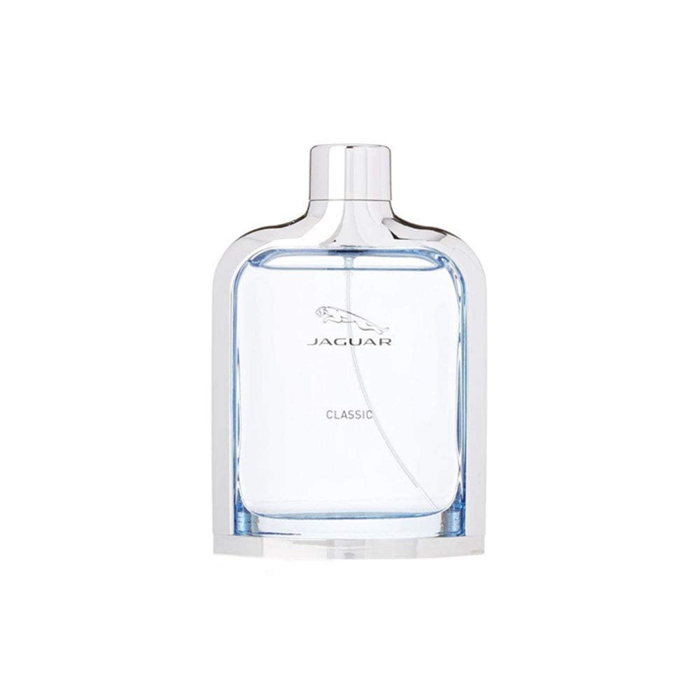 Jaguar Classic Blue angled bottle highlighting glass contours and premium look benefit