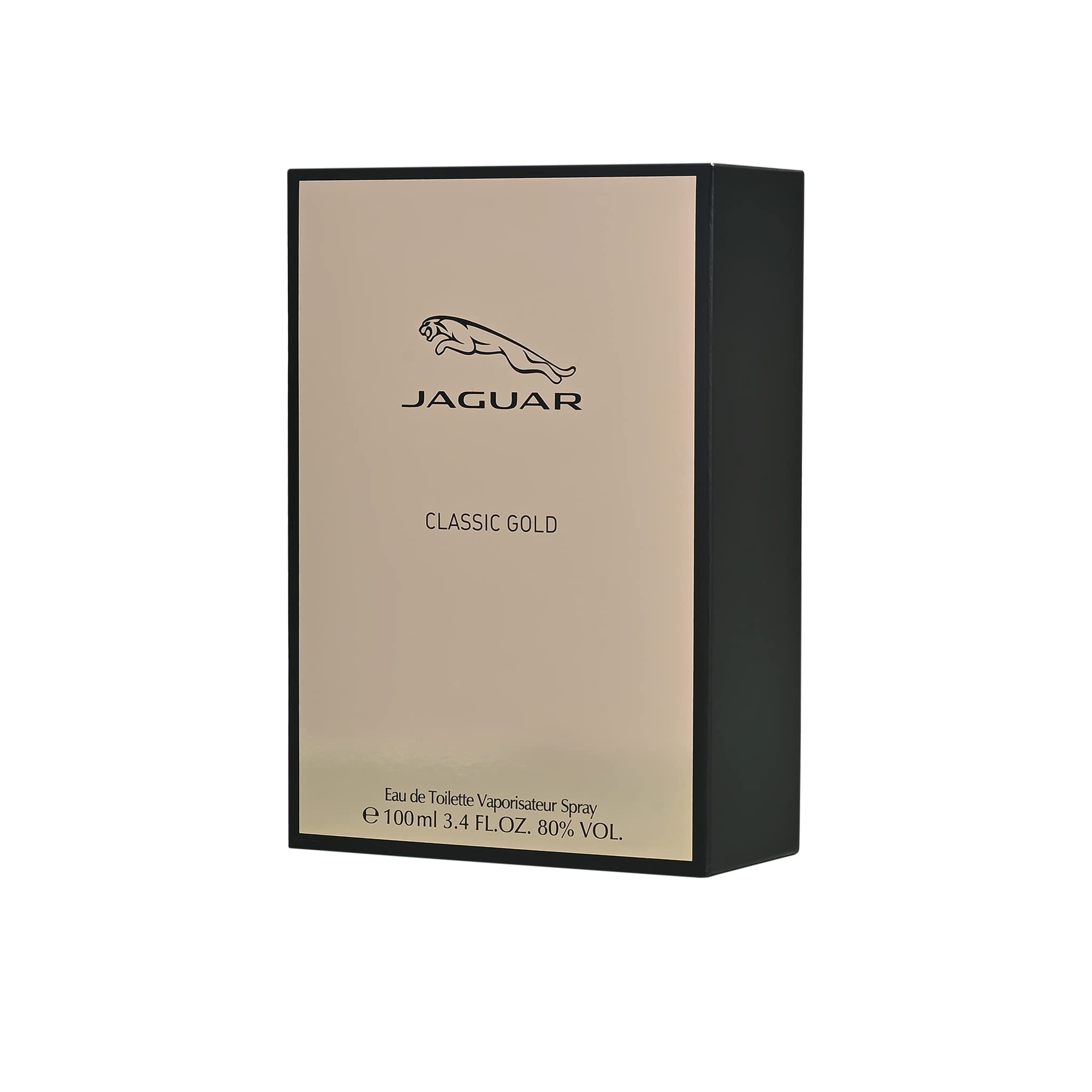 Jaguar Classic Gold bottle close-up highlighting glass detail and cap, suggests quality
