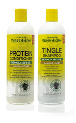 Jamaican Mango & Lime front packaging set showing bottles and clear labels, refreshing care benefit