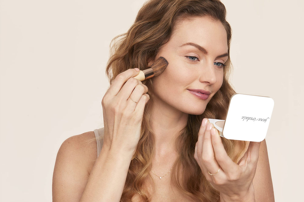 jane iredale application with kabuki brush demonstrating smooth buffing and natural-looking result