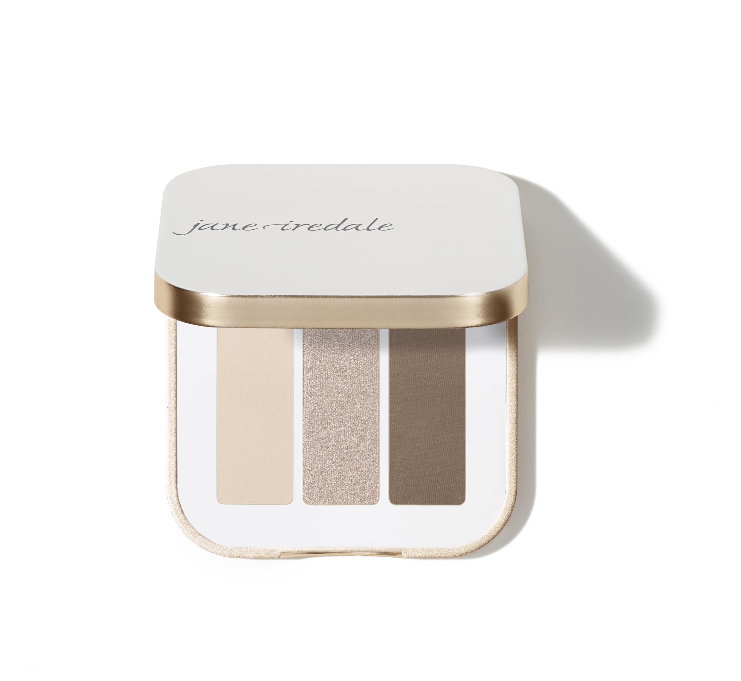 jane iredale Driftwood compact front showing three neutral shades and sleek packaging benefit: travel-ready
