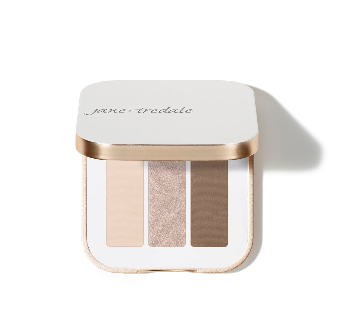 jane iredale Driftwood compact front showing three neutral shades and sleek packaging benefit: travel-ready