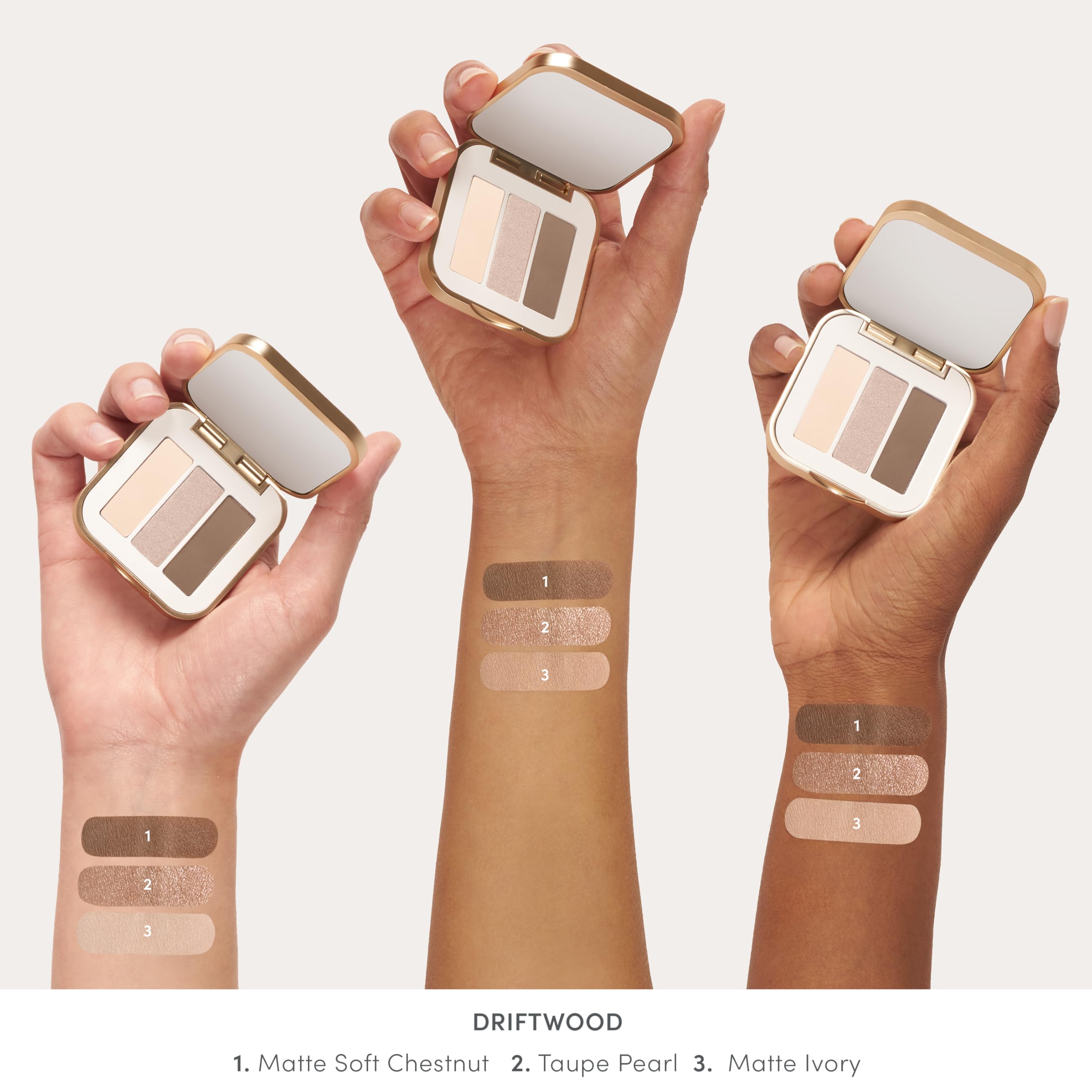 jane iredale Driftwood open compact with mirror showing inside layout benefit: convenient touch-ups