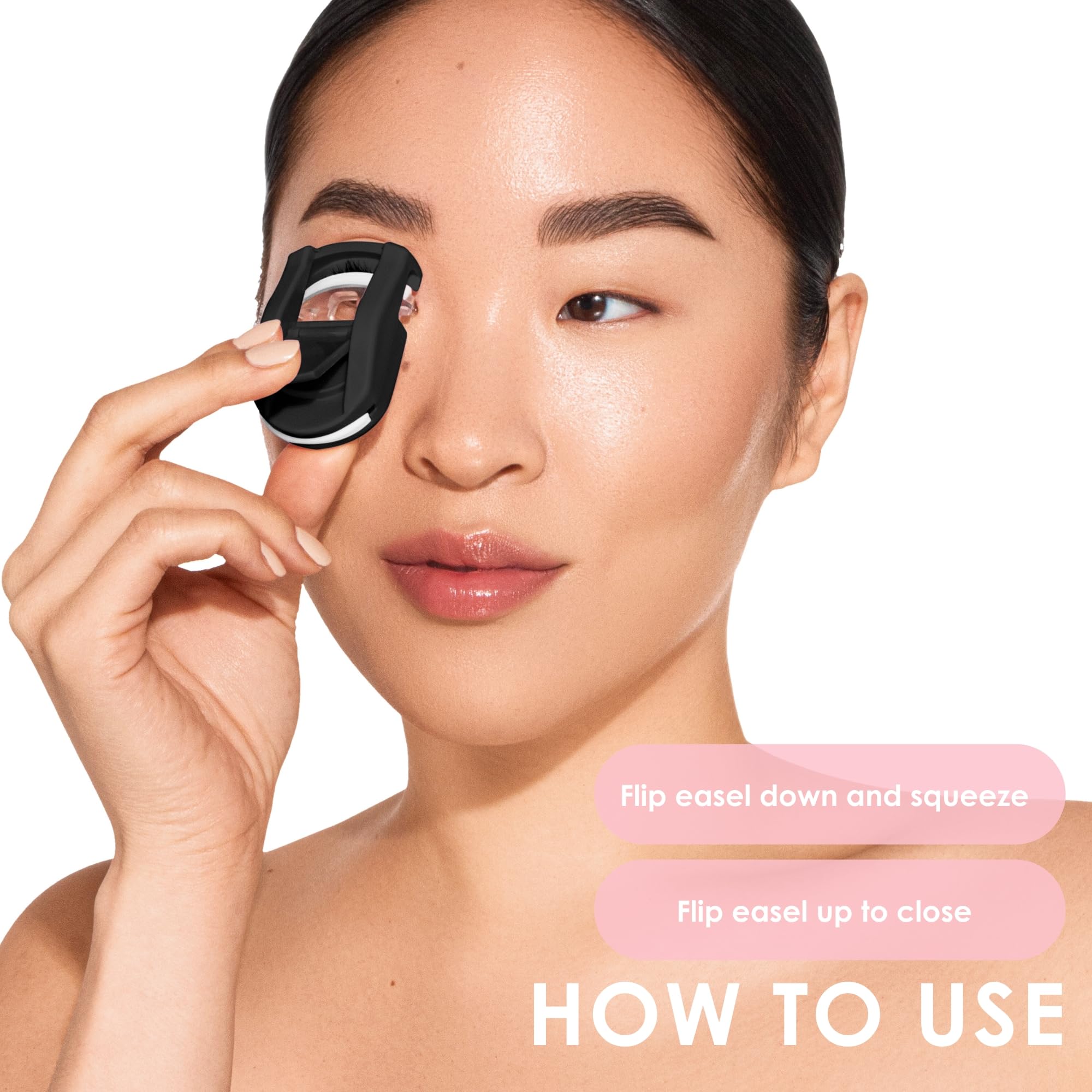 JAPONESQUE curler used at eye demonstrating natural arch lift suited to almond-shaped eyes