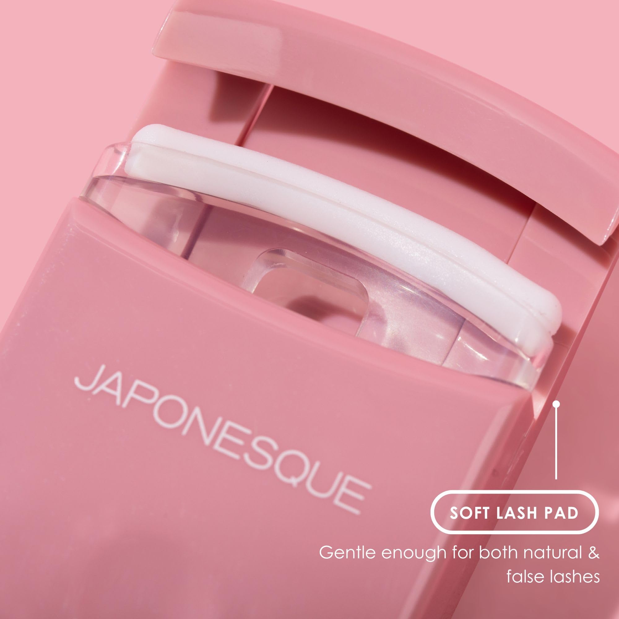 JAPONESQUE curler in use lifting lashes to demonstrate natural sweeping curl