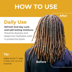Jaycee Naturals applying spray to curly hair for improved manageability