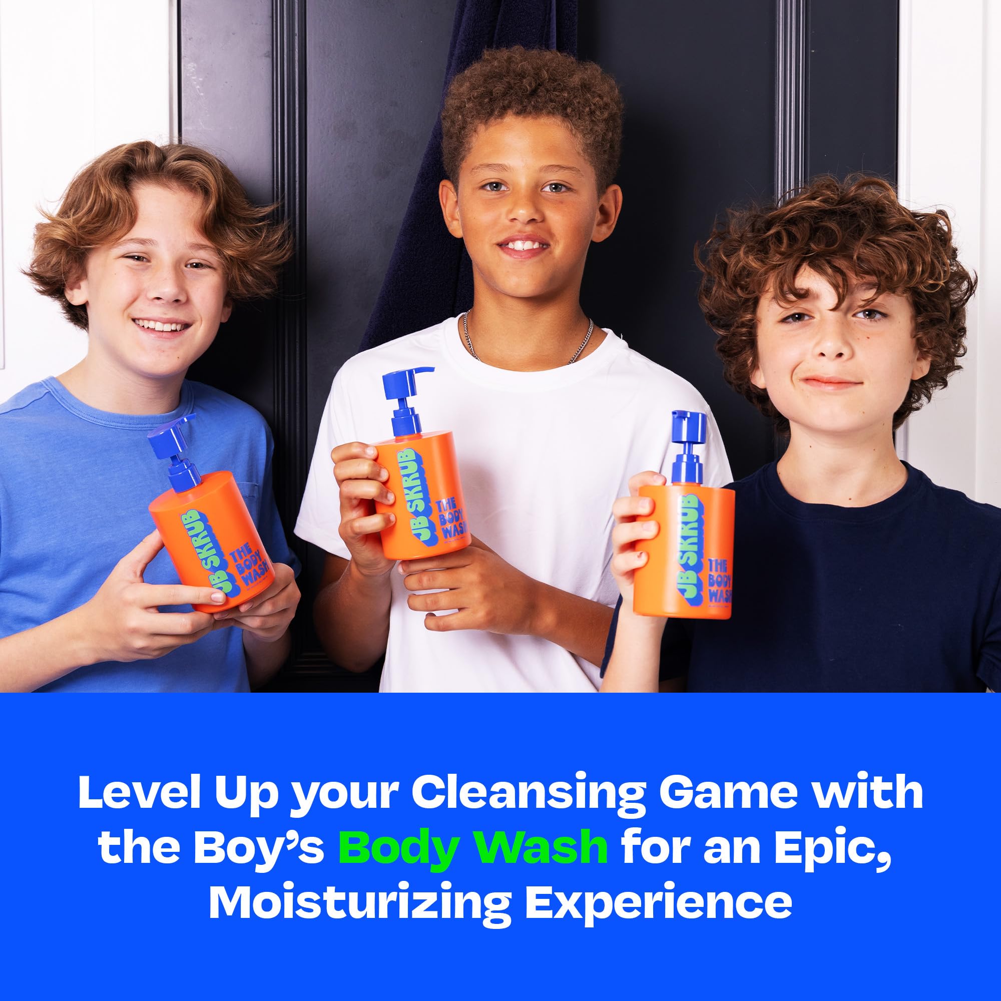 Teen in bathroom with JB SKRUB showing fresh confident post-shower feel
