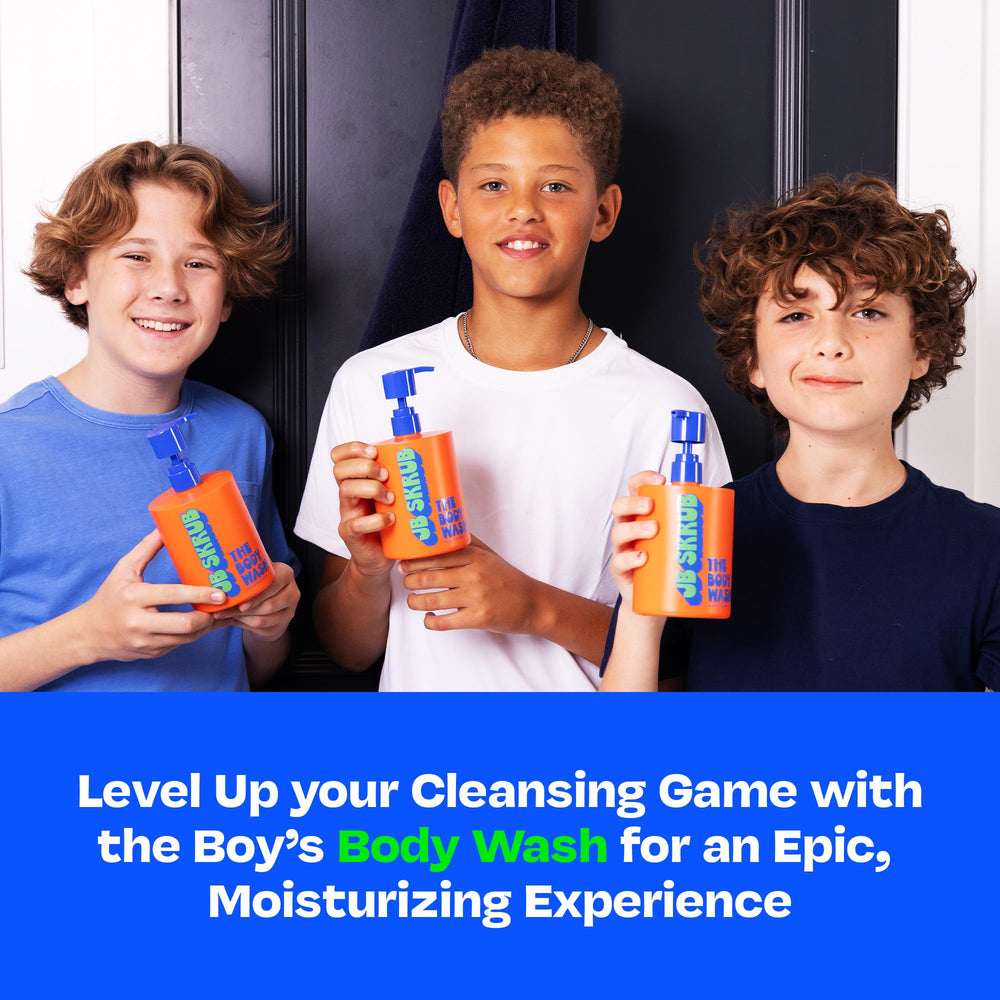 Teen in bathroom with JB SKRUB showing fresh confident post-shower feel