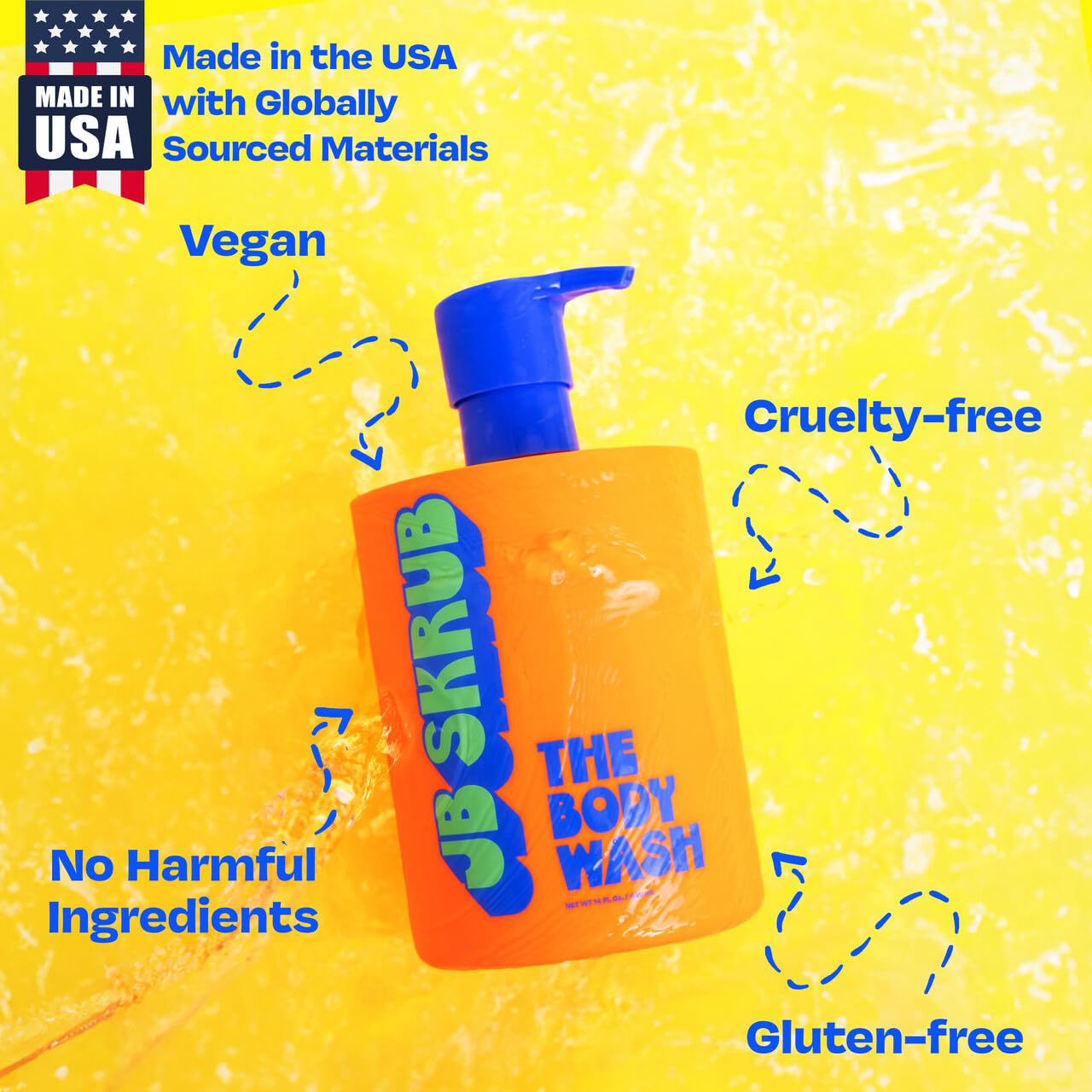 JB SKRUB bottle next to adult hand showing compact size and easy handling