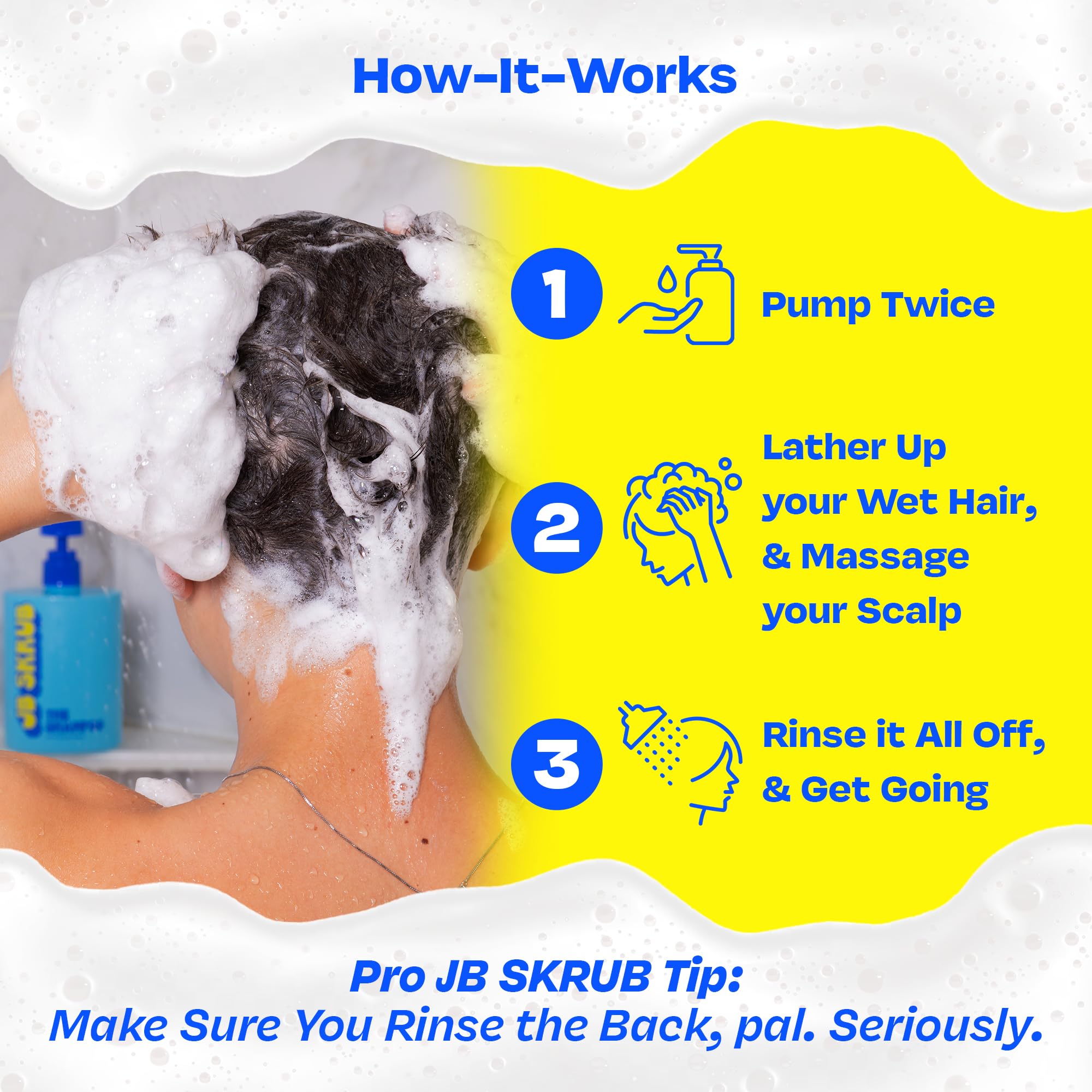 Child using JB SKRUB in shower showing happy haircare routine