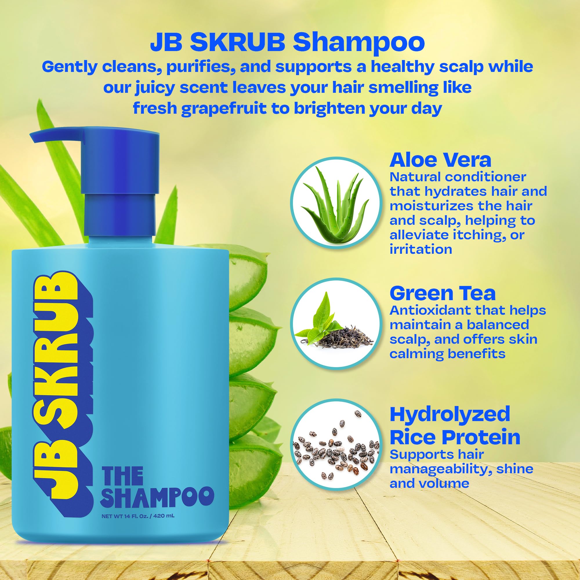 JB SKRUB label close-up showing aloe vera, green tea and rice protein