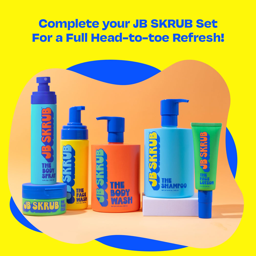 JB SKRUB bottle on bathroom shelf staged for everyday family use