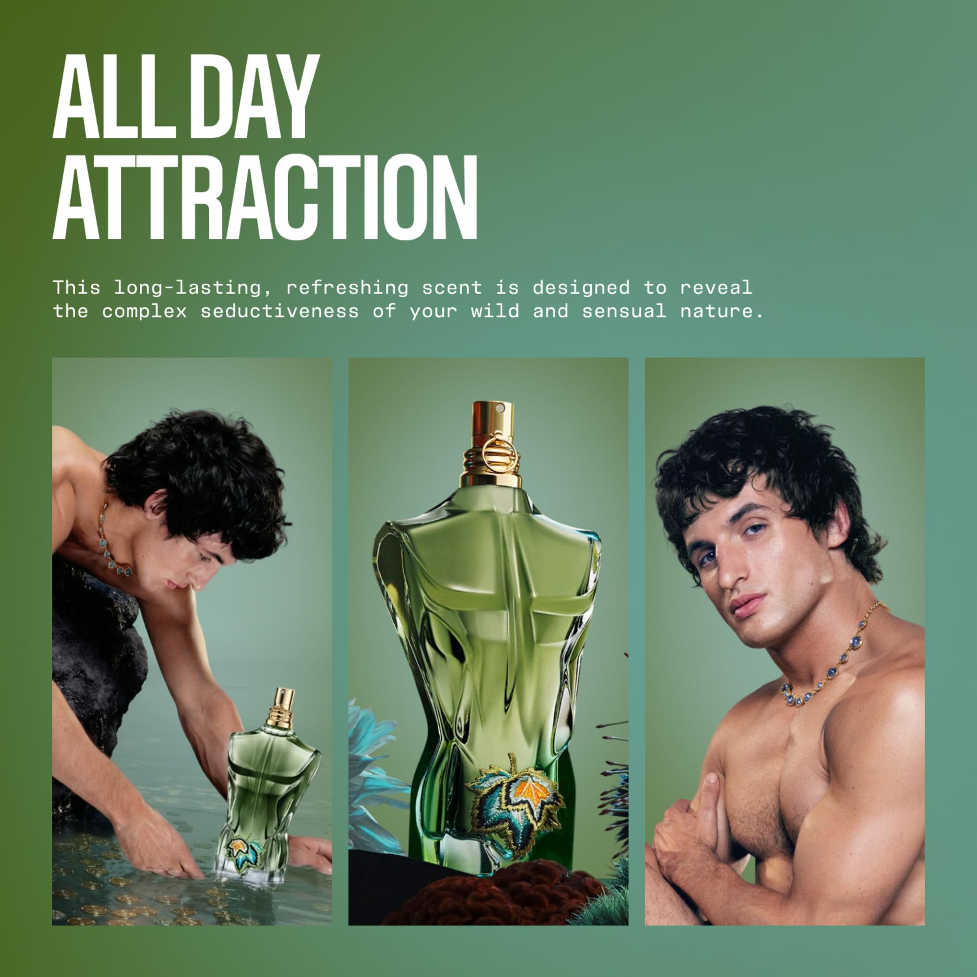 Jean Paul Gaultier bottle side profile emphasizing sculpted torso and color appeal