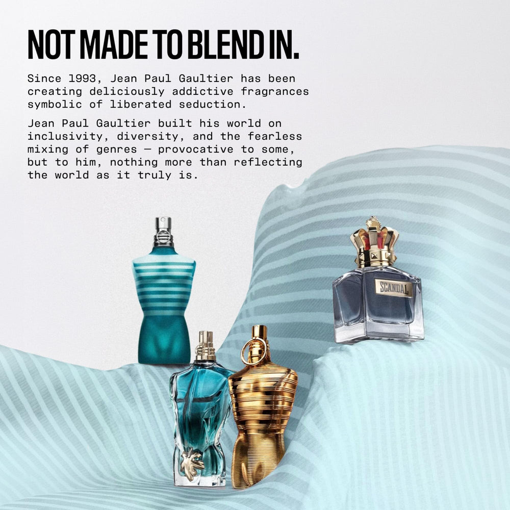 Jean Paul Gaultier travel-ready flatlay with bottle and tin for easy everyday carry