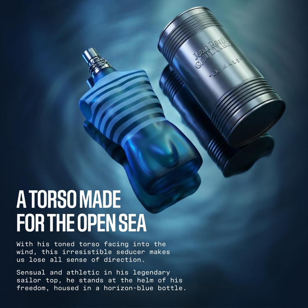 Jean Paul Gaultier image of cap removed and spray nozzle, illustrating easy application and control