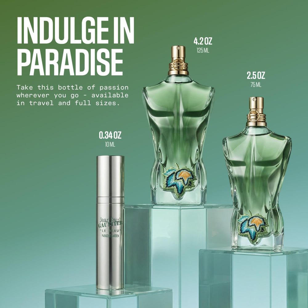 Jean Paul Gaultier bottle staged in a tropical setting conveying summery fragrance mood