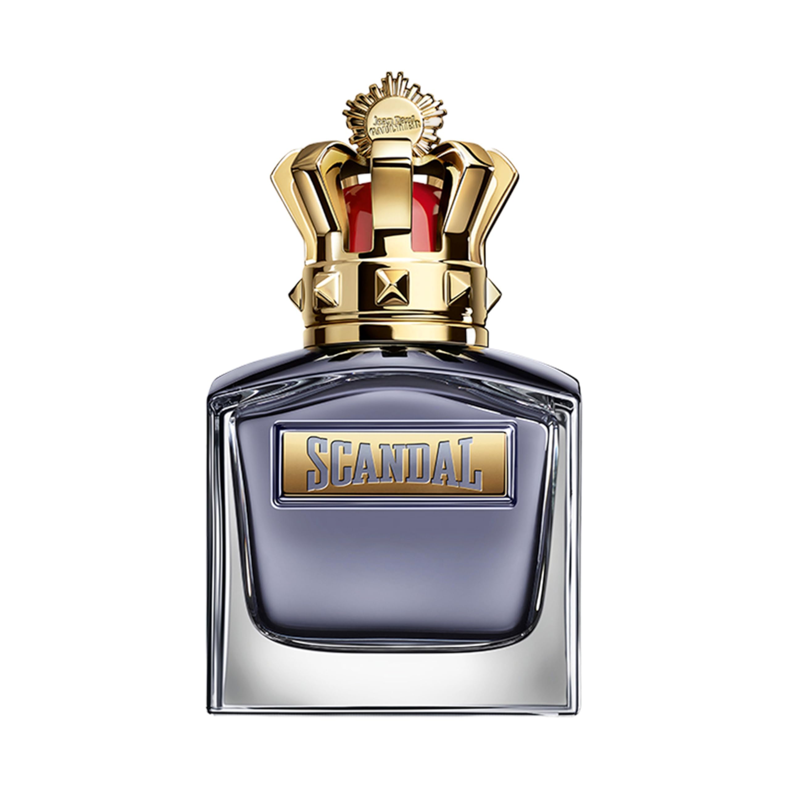 Jean Paul Gaultier frontal bottle view showing iconic trophy shape and gold crown benefit: memorable designer display