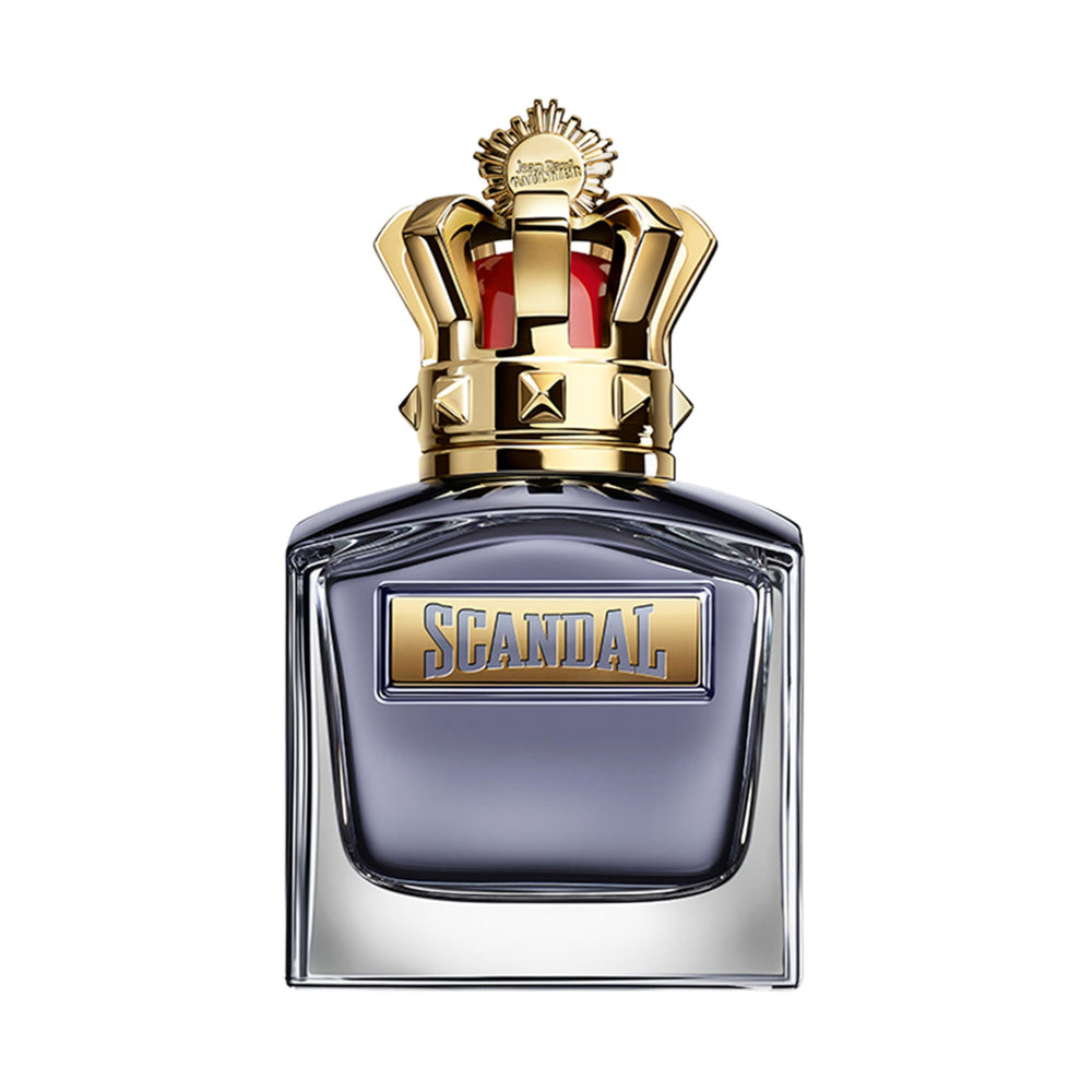 Jean Paul Gaultier frontal bottle view showing iconic trophy shape and gold crown benefit: memorable designer display