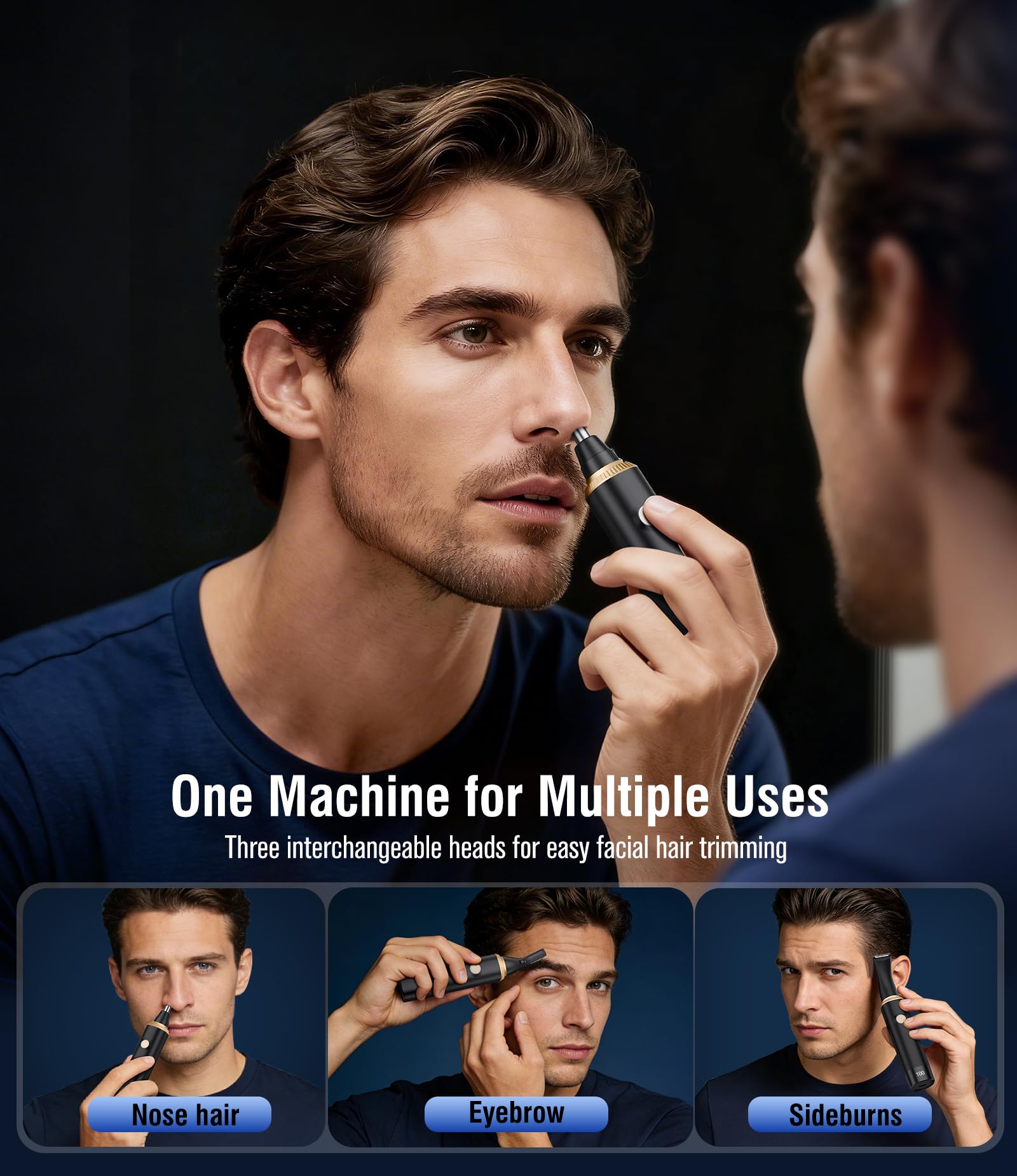 JEETIF detachable heads layout displaying three interchangeable grooming heads for versatility