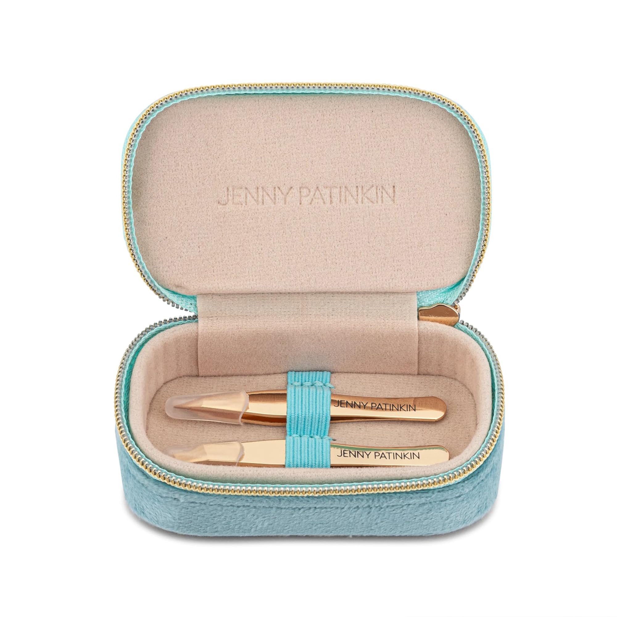 Jenny Patinkin tweezers held in hand showing compact travel-friendly size