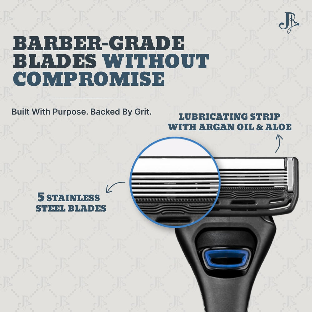 Jeremy's close-up of five stainless-steel blades highlighting durability and closer shaves