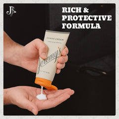 Jeremy's shave cream applied on a man's face illustrating smooth, protected shaving
