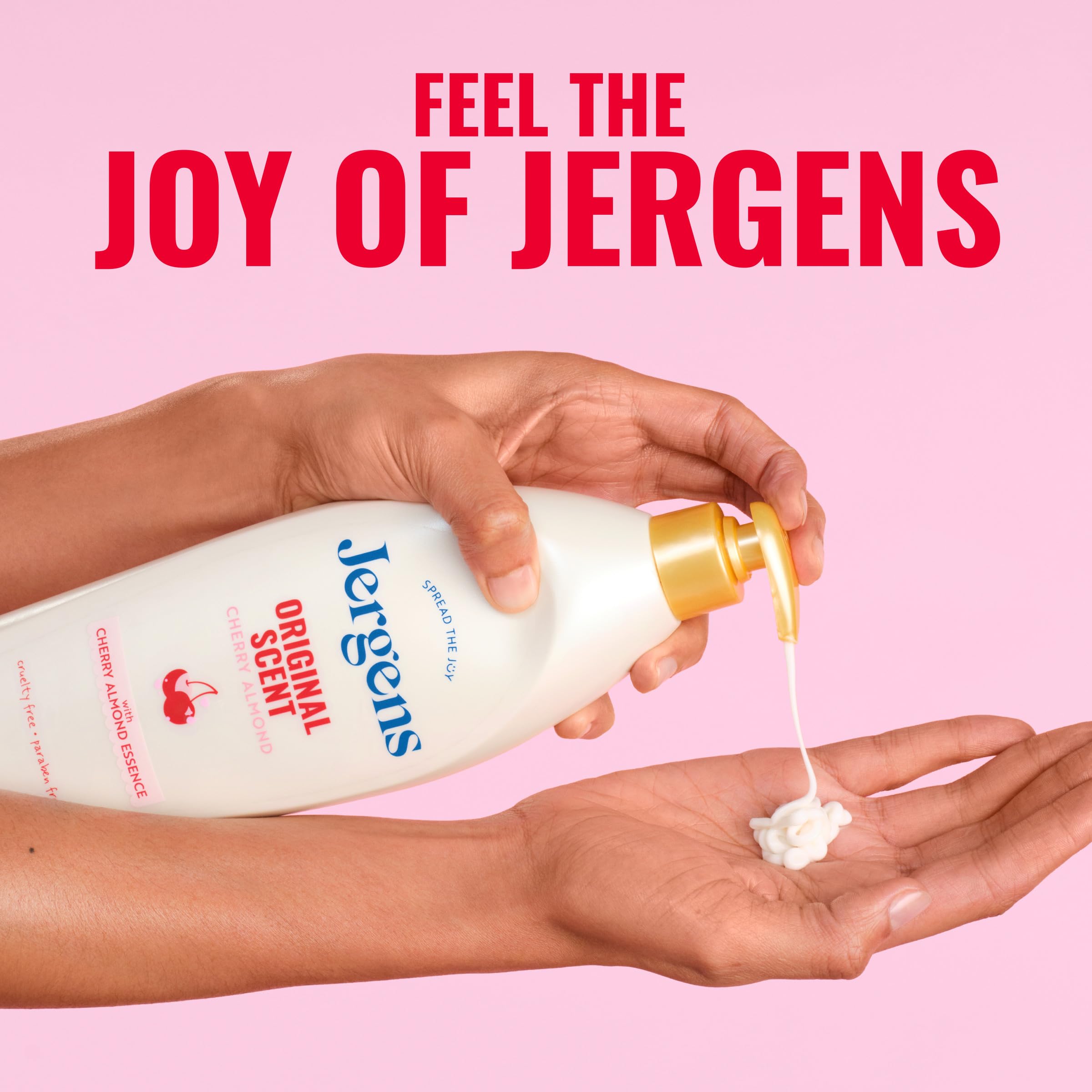 Jergens lotion beside cherries emphasizing cherry almond fragrance benefit
