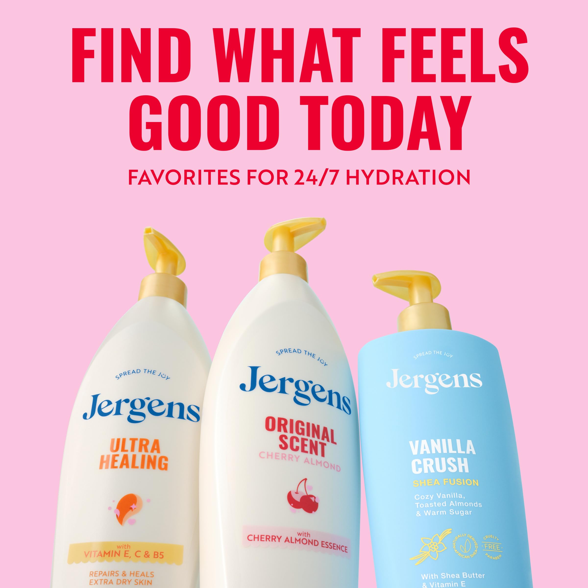 Jergens product with cherries and almonds suggesting pleasant scent benefit