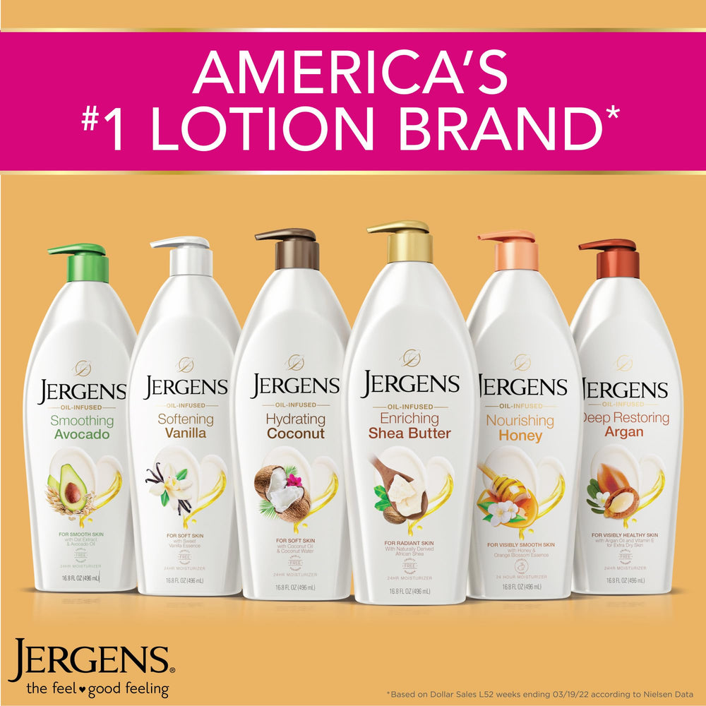 Jergens 16.8 oz bottle next to a hand to show scale and generous supply