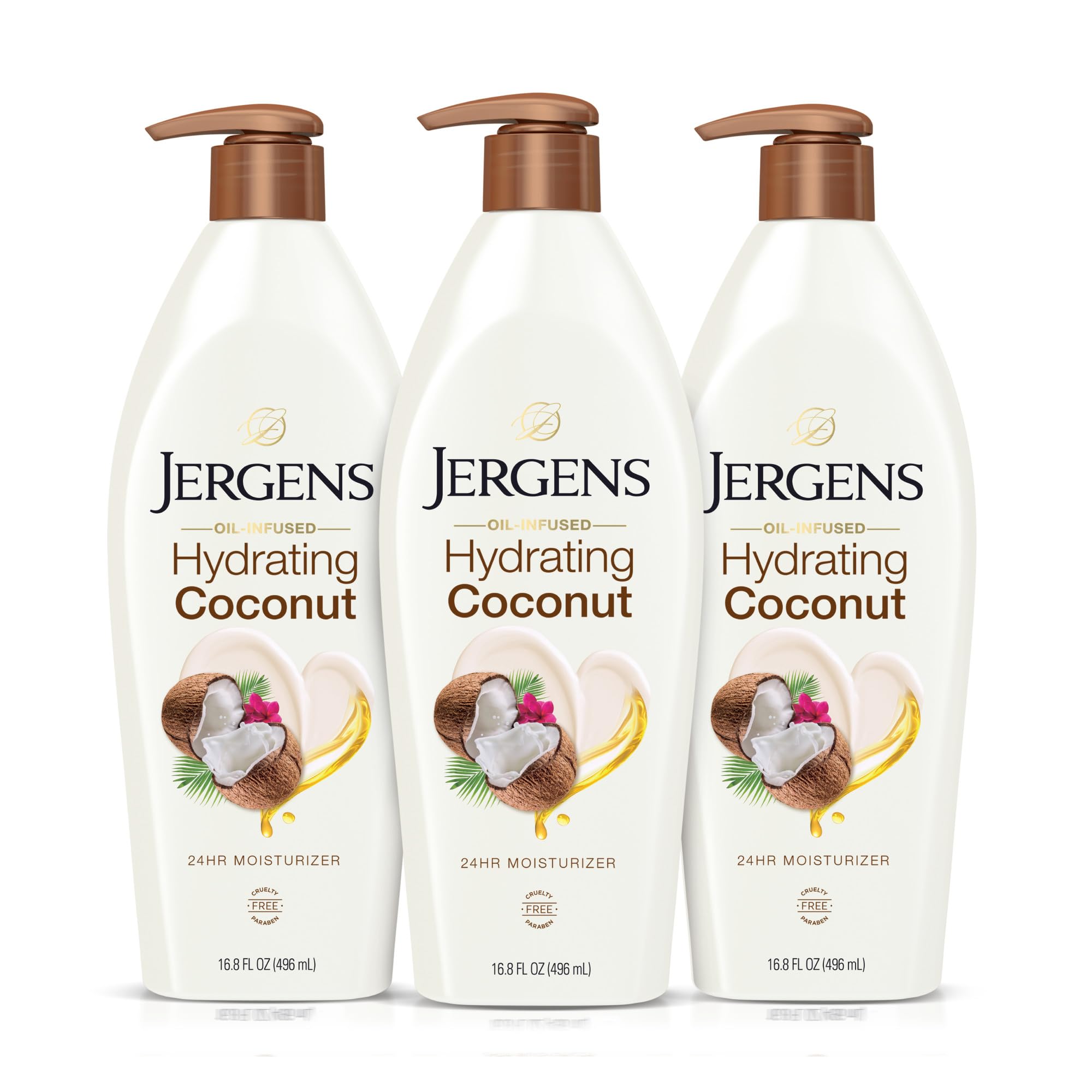 Jergens bottle front packaging showing coconut scent and 16.8 oz size for easy hydration