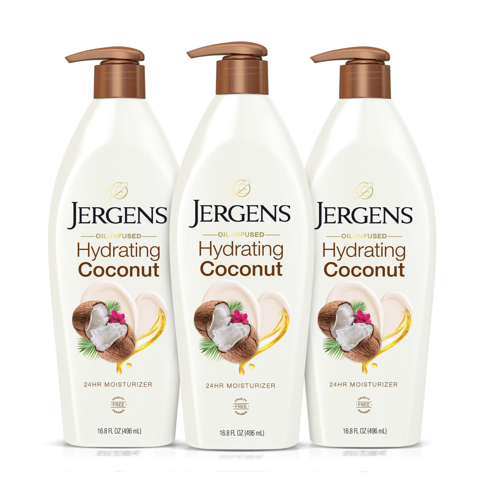 Jergens bottle front packaging showing coconut scent and 16.8 oz size for easy hydration