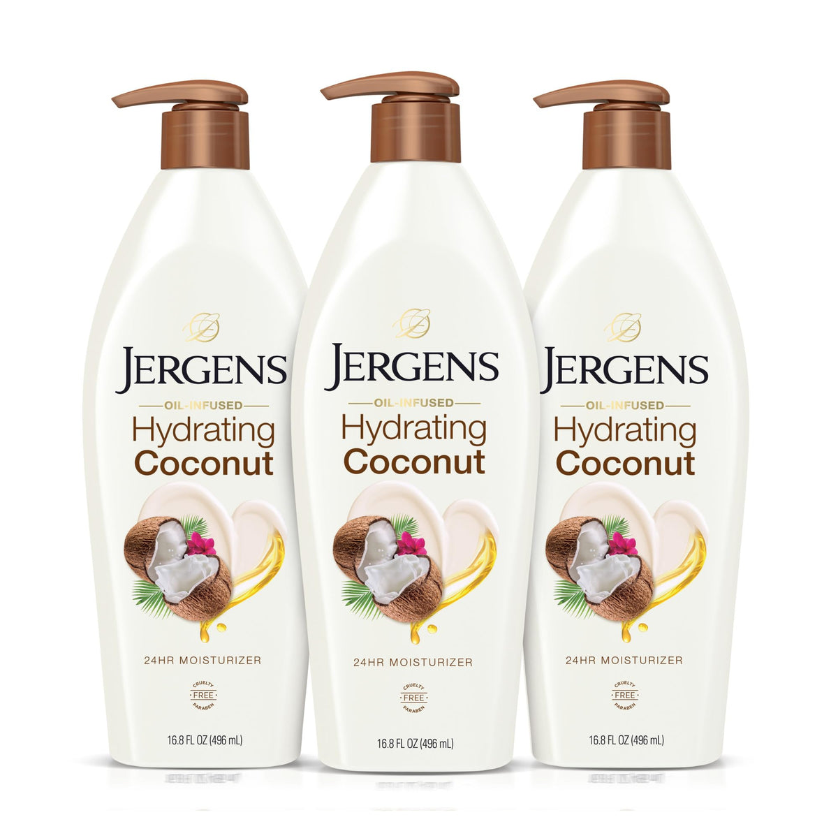 Jergens bottle front packaging showing coconut scent and 16.8 oz size for easy hydration