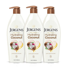 Jergens bottle front packaging showing coconut scent and 16.8 oz size for easy hydration