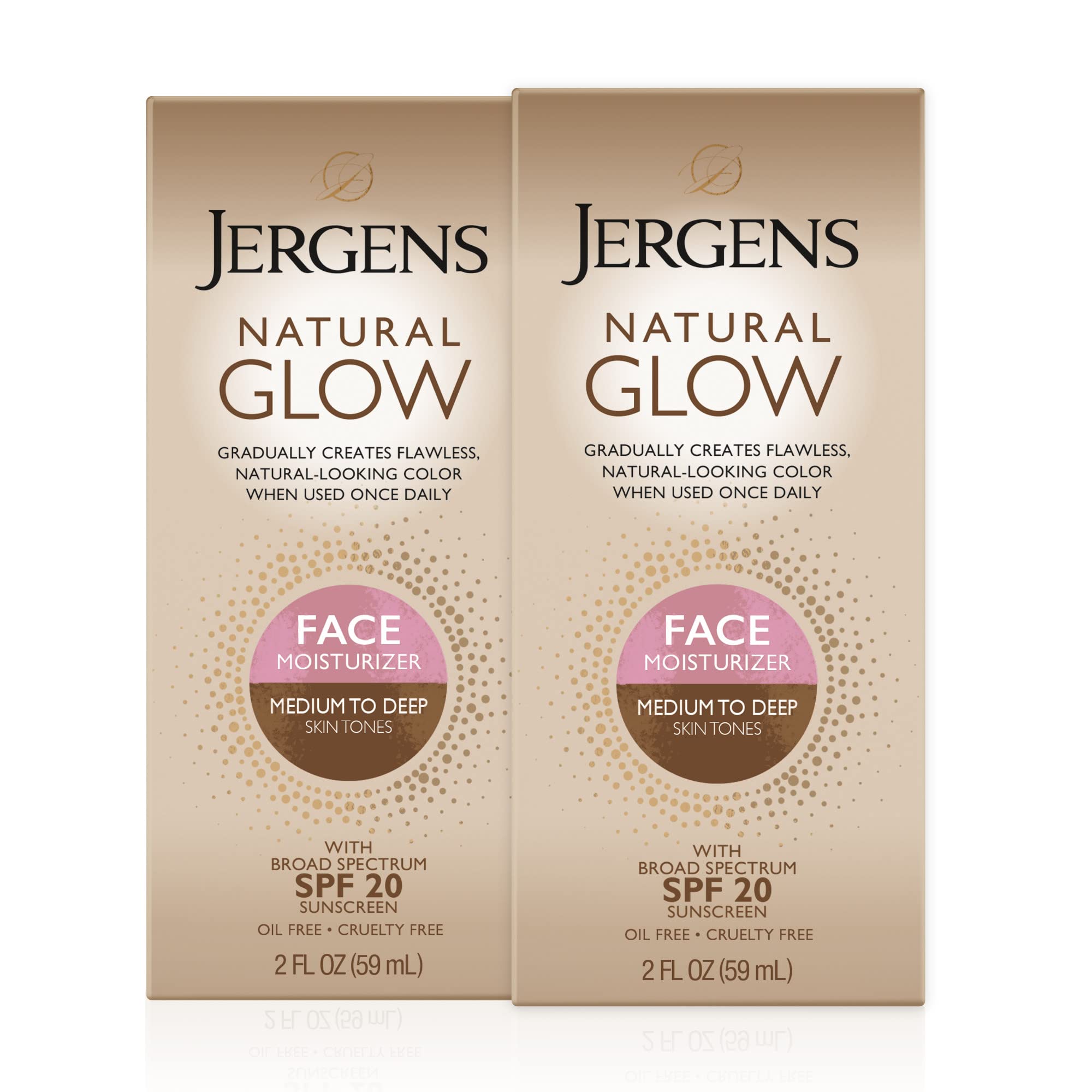 Jergens twin-pack front view showing SPF 20 protection and medium/deep shade