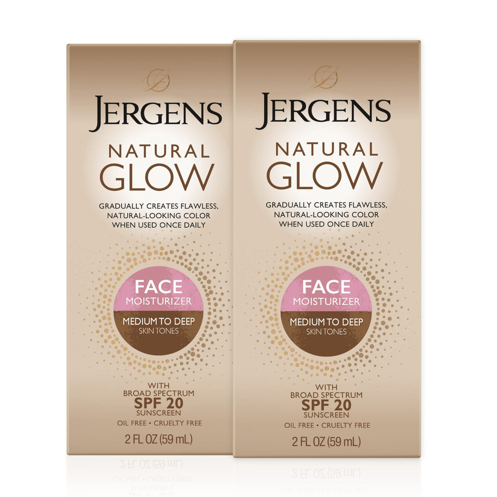 Jergens twin-pack front view showing SPF 20 protection and medium/deep shade